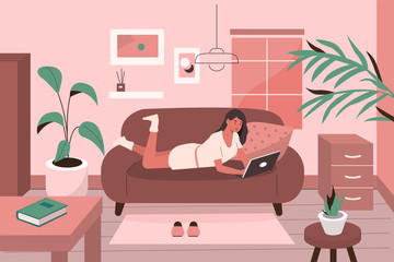 Woman Working Remotely at Home Office. Character Lying at Sofa in Cozy Room, Looking at Laptop Screen and Working Online. Freelancer at Remote Work Concept.  Flat Cartoon Vector Illustration.