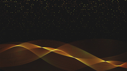Leinwandbilder - Abstract black background with golden light waves. Vector abstract shiny color gold waves design element on dark background. Vector illustration. Template luxury design.