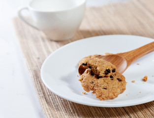 Chocolate Chip Cookies with Milk on baking Add butter . Stack of tasty Cookies Fresh pastries for Snack Breakfast every morning .