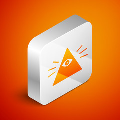 Sticker - Isometric Masons symbol All-seeing eye of God icon isolated on orange background. The eye of Providence in the triangle. Silver square button. Vector Illustration