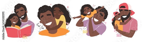 Photographie Fathers day, happy family, Black african american daughter hugs dad and smiling