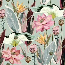 Large Flowers, Inflorescences, Buds And Lotus Leaves, Strelitzia And Proteus On A Light Beige, Cream Background. Vector Seamless Floral Illustration. Square Repeating Design Template For Fabric