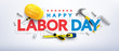 Labor Day poster template.International Workers' Day celebration with Yellow safety hard hat and construction tools.Sale promotion advertising Poster or Banner for Labor Day