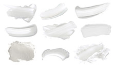 Collection Of Abstract Acrylic White Color Smear Brush Stroke. Isolated On White Background.