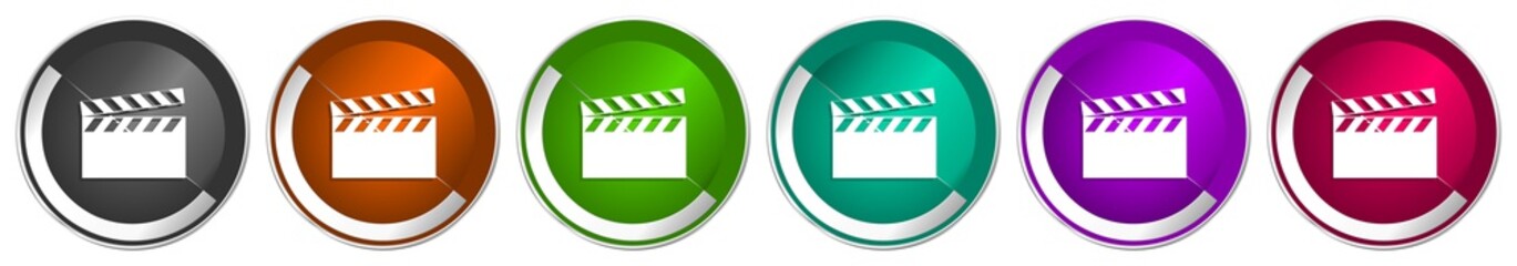 Poster - Video icon set, silver metallic chrome border vector web buttons in 6 colors options for webdesign