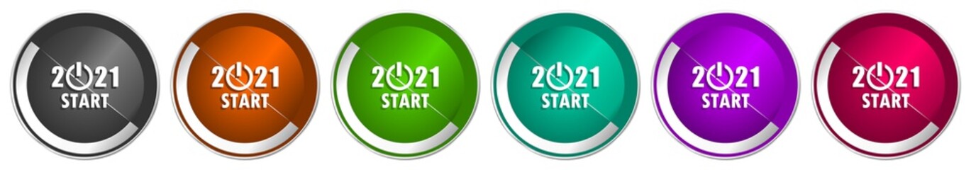 Aufkleber - New year 2021 icon set, silver metallic chrome border vector web buttons in 6 colors options for webdesign