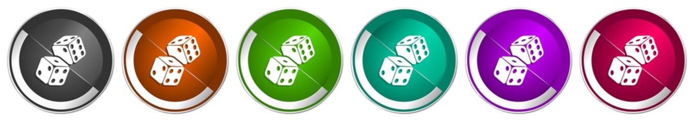 Leinwandbilder - Dice, casino icon set, silver metallic chrome border vector web buttons in 6 colors options for webdesign