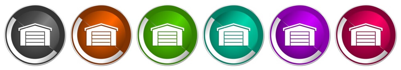 Leinwandbilder - Garage building icon set, silver metallic chrome border vector web buttons in 6 colors options for webdesign