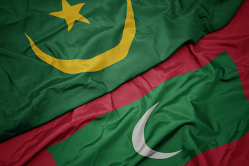 Wall Mural - waving colorful flag of maldives and national flag of mauritania.