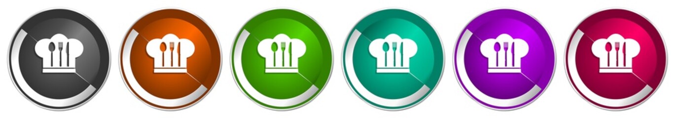 Poster - Chef hat icon set, cook and kitchen silver metallic chrome border vector web buttons in 6 colors options for webdesign