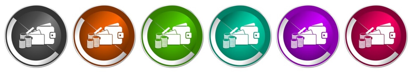 Poster - Wallet, money and credit cards icon set, business silver metallic chrome border vector web buttons in 6 colors options for webdesign