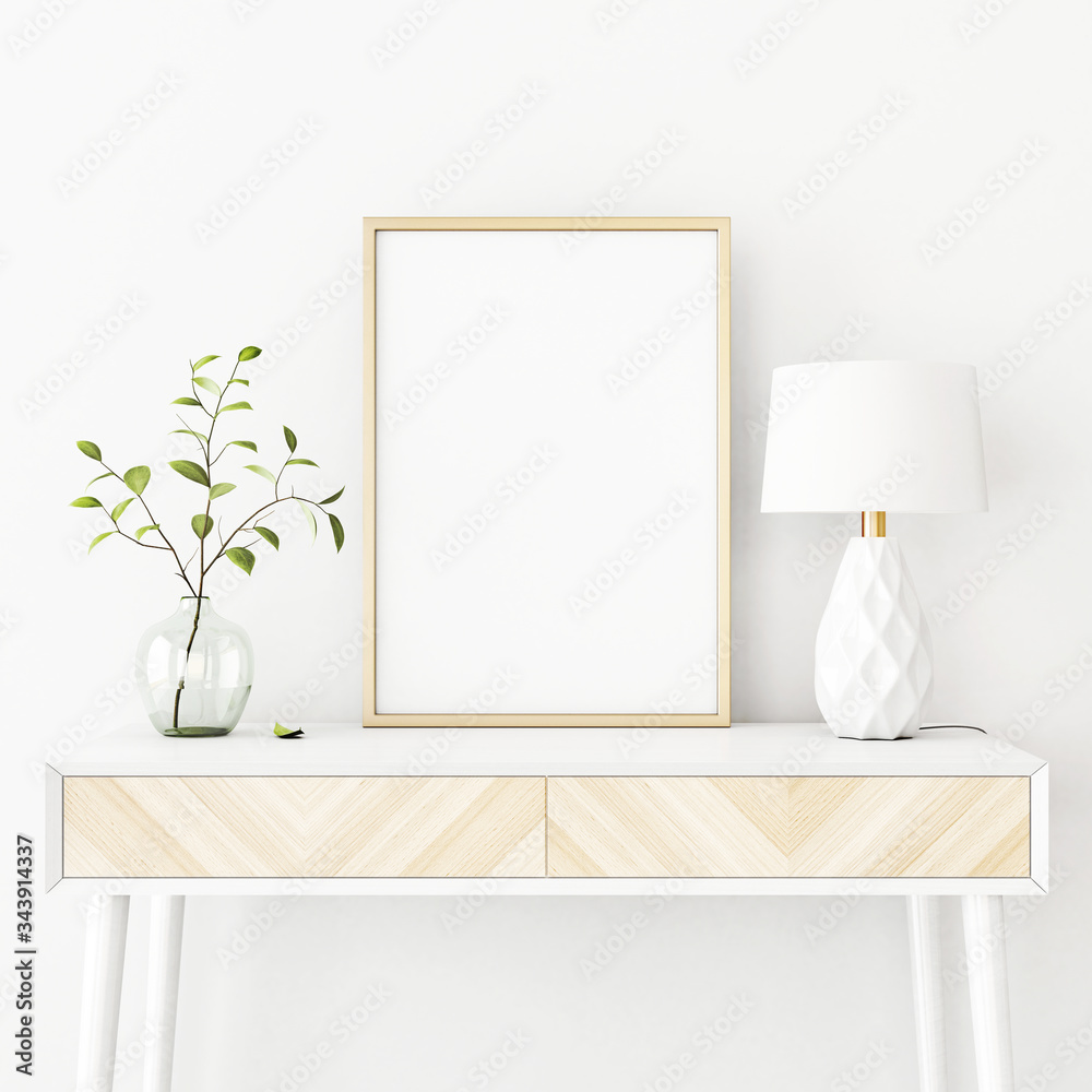 Interior poster mockup with vertical gold metal frame on the console table with green tree branch in vase and  lamp on empty white wall background. A4, A3 size format. 3D rendering, illustration. - obrazy, fototapety, plakaty 