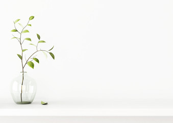 Aufkleber - Interior wall mockup with green tree branch in vase standing on the shelf on empty white background with free space. 3D rendering, illustration.
