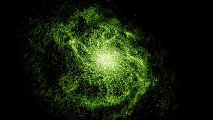 Aufkleber - Green illuminated particles in a form of giant field in fast motion. Animation. Abstract glowing field with energy epicenter that spreading rays of light on black background, seamless loop.