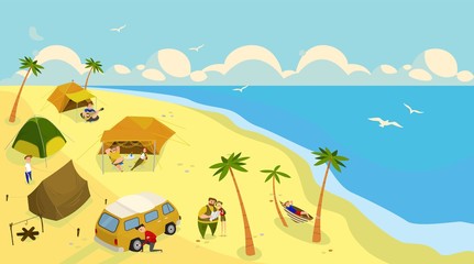 Camping at ocean beach, outdoor summer vacation, vector illustration. People in tents at seaside, campsite on tropical island. Summertime travel, sea beach leisure and recreation. Vacation trip camp