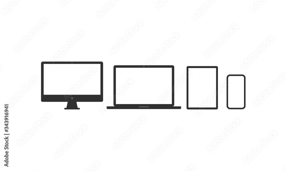 Cross-Platform devices. PC, Laptop, Tablet and smartphone silhouettes. Cross Platform icons isolated on white background. Vector illustration