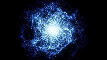 Poster - Rotating shining galaxy on black background. deep space exploration concept. Animation. Abstract star field of blue color spinning in dark cosmos.