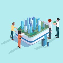 Cartoon Business People With Engineer Or Architect Looking At Project Of Modern Abstract 3d City, Isoalted On Blue, Illustration, Vector. Construction To Design Model Creative Future City Building.