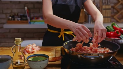 Wall Mural - Woman cooking frying in kitchen in wok pan