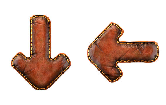 Set of symbols arrow to down and left arrow made of leather. 3D render font with skin texture isolated on white background.
