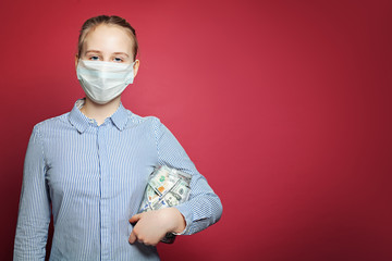 Wall Mural - Portrait of young woman in face mask with us money american dollars on red background