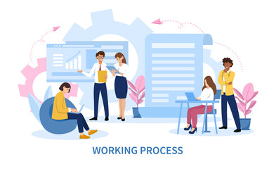Poster - infographic of a business teams working process showing planning and development with paperwork and 