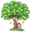 Niedliches Mädchen liest ein Buch unter einem Baum- Vektor-Illustration
