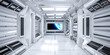 Futuristic Architecture Sci-Fi Corridor Interior in Space Station with Earth Planet View, 3D Rendering