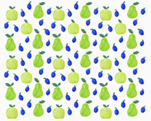 Pattern Of Green And Blue Autumn Fruits On White Background