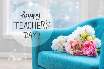 Wall Mural - Teacher's Day message with flower bouquets with turquoise chair