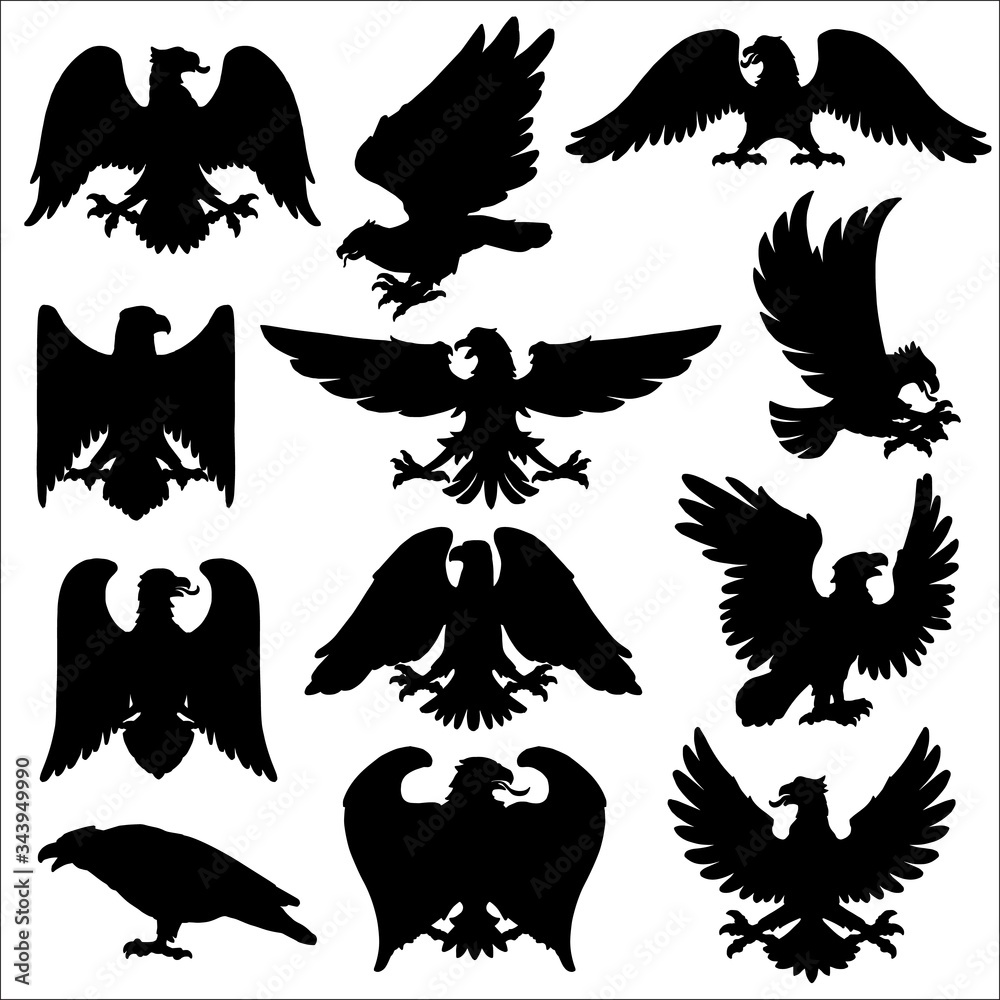 Vetor do Stock Heraldic eagle, vector icons of Gothic heraldic hawk or  falcon birds. Black silhouettes of eagle with spread wings, flying in  attack with tongue and claws, coat of arms and, image size:1000x1000