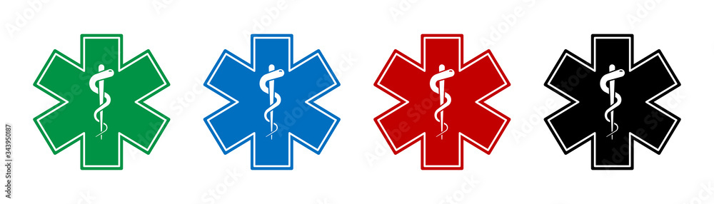 Emergency medical symbol. Vector isolated medical signs icons with snake. Medical star symbols. Star of life signs. - obrazy, fototapety, plakaty 