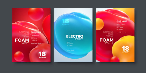 Poster - Electronic music festival ads poster set. Modern club party invitation. Vector illustration with 3d abstract spheres. Dynamic colorful soft balls. Dance music event cover. Brochure template