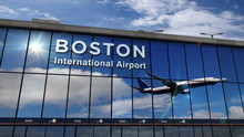 Airplane Landing At Boston Mirrored In Terminal