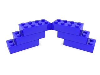 Abstract stairs made of blue toy bricks on a white background