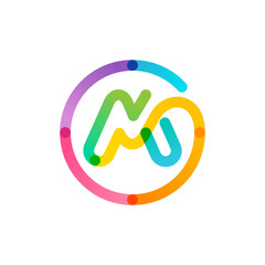 Wall Mural - M letter logo in a rainbow gradient circle. Impossible one line style.