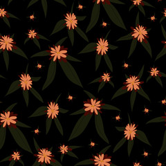 Canvas Print - Floral blossom seamless pattern. Trendy colorful vector texture. Blooming botanical elements scattered random. Good for fashion. Ditsy print. Hand drawn small flowers on black background. Retro style