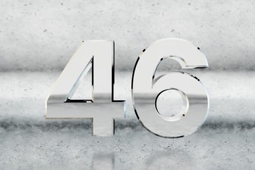 Chrome 3d number 46. Glossy chrome number on scratched metal background. 3d render.