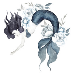 Watercolor illustration with Mermaid and elegant flowers, isolated on white background