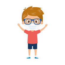 Cute Boy Using Face Mask With Hands Up Celebrating Vector Illustration Design