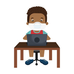 Wall Mural - boy using face mask with laptop studying online vector illustration design