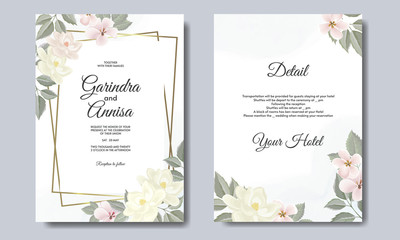 Elegant wedding invitation card with beautiful flower and leaves premium vector