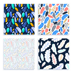Poster - Flat and line Art Leaves Seamless Pattern set Background stock vector illustration.