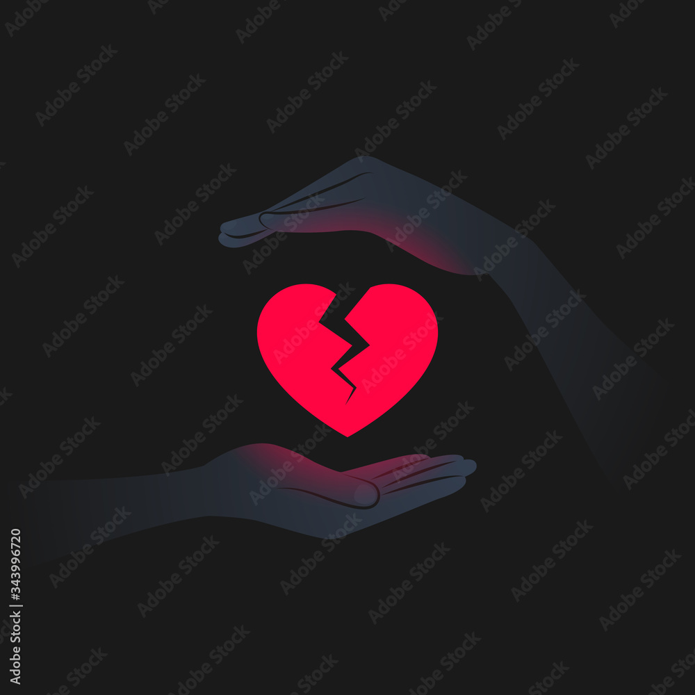 Red burning broken heart and hands near it in darkness Stock Vector | Adobe  Stock, image size:1000x1000