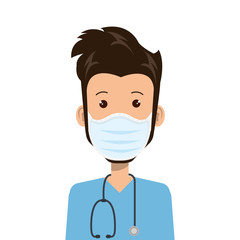 Wall Mural - male paramedic using face mask with stethoscope vector illustration design