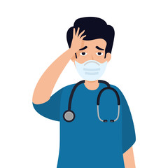 Sticker - male paramedic using face mask with headache vector illustration design