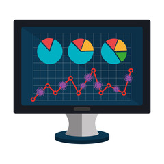 Sticker - stock market variation by covid 19 with computer and icons vector illustration design