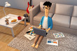 3d rendering. The guy works on a laptop at home remotely. Cartoon character sitting on a carpet on the floor. Around home decor