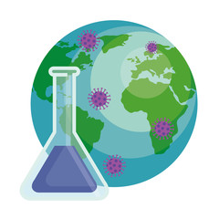 Sticker - world planet with particles covid 19 and tube test vector illustration design