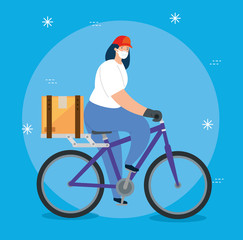 Sticker - delivery worker female using face mask in bike vector illustration design